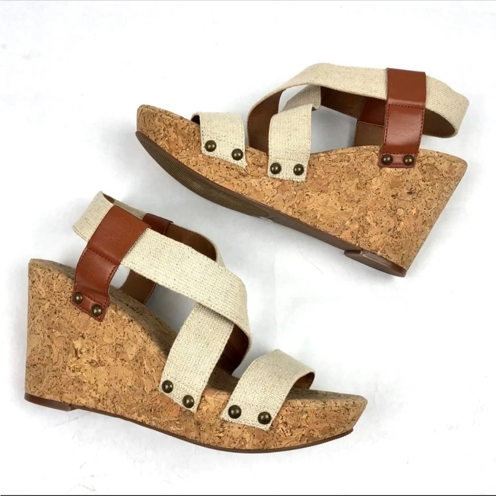 Lucky Brand Marla Cork Wedge Sandals Beige Tan Shoes Elastic Back Size 9 Boho